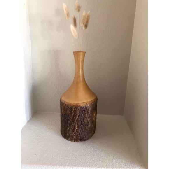 Vintage Wood Hand Turned Vase Natural Bark 70s 14" - Picture 2 of 5